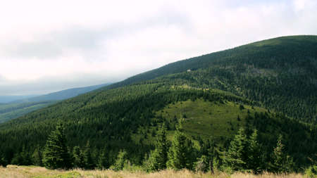 Karkonosze in the summer. View of the mountains covered with green trees. Thick clouds over the mountains. Karkonosze National Parkの写真素材