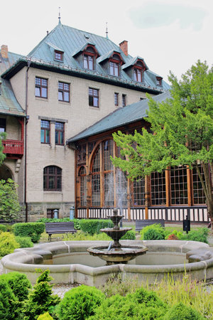 The fountain in front of the health resort in Swieradow Zdroj, August 2021, Swieradow Zdojのeditorial素材