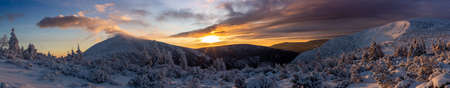 Panorama of the Karkonosze. Sunrise in the Karkonosze. View of Sniezkaの写真素材