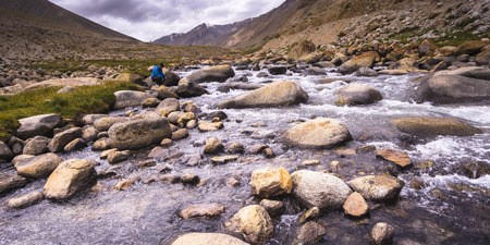 India 26 NOV 2017, Leh Ladakh, Unidentified people enjoy the scenery of beautiful mountain during journey to Lamayuru Sham Valley Leh India.のeditorial素材