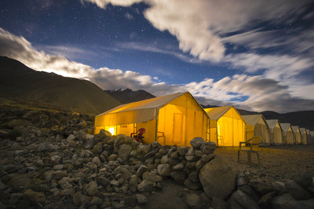 Tented tourist camp on lake pangong, Ladakh, Indiaの写真素材