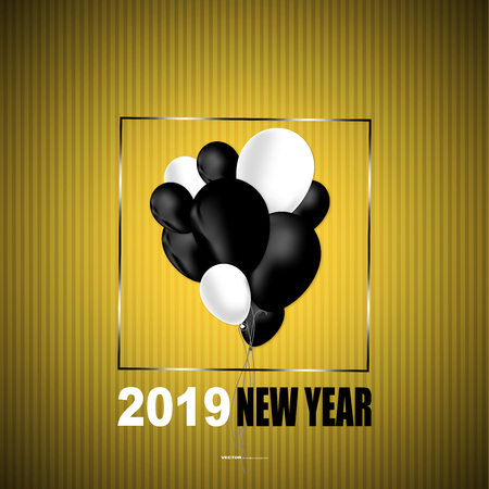 2019 New Year calligraphy with black and white ballon design element for greeting card, flyers, leaflets, postcards and posters. Vector illustration.のイラスト素材
