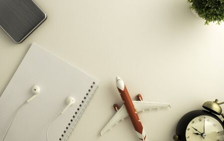 Time for Travel accessories and objects on White background copy space, For Beach Vacation Journey with plane camera notebook, For Travel poster and banner advertisementの写真素材