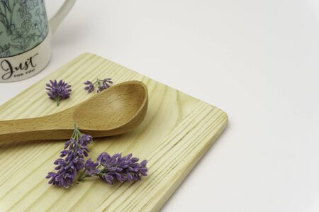 Empty spoon, cutting board, glass, top view, background, template, food display montage, free space for textの写真素材