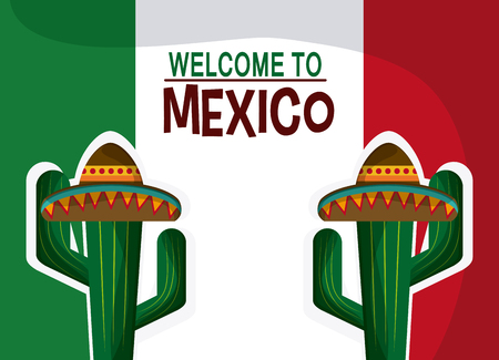 Mexico flag, culture icons in flat design style, cactus and hat. vector illustrationのイラスト素材
