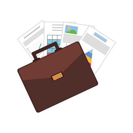 briefcase with lock in the center and handle on the top with paper showing graphs in the background vector illustration isolated over whiteのイラスト素材