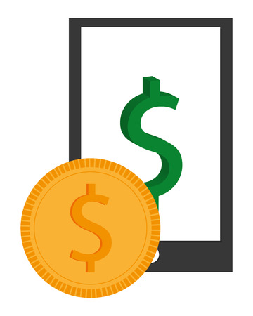 cellphone with green dollar sign on the screen and yellow coin on the front vector illustration isolated over whiteのイラスト素材