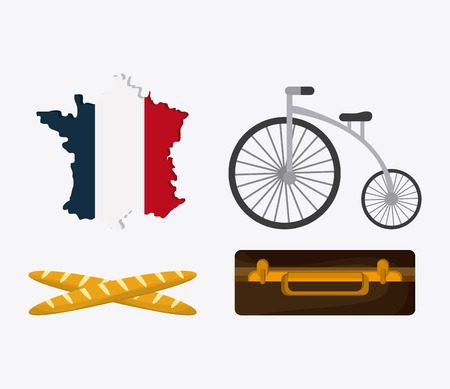 France represented by map, flag, bread, bike and suitcase design over isolated and flat illustrationのイラスト素材