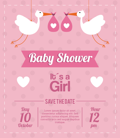 Baby Shower represented by stork design, decorated and pink background with text insideのイラスト素材