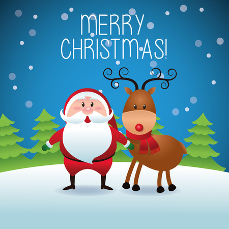 Merry Christmas represented by cartoon of santa and deer over blue and flat backgroundのイラスト素材