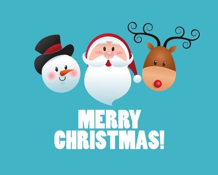 Merry Christmas represented by snowman, santa and deer cartoon over blue and flat backgroundのイラスト素材