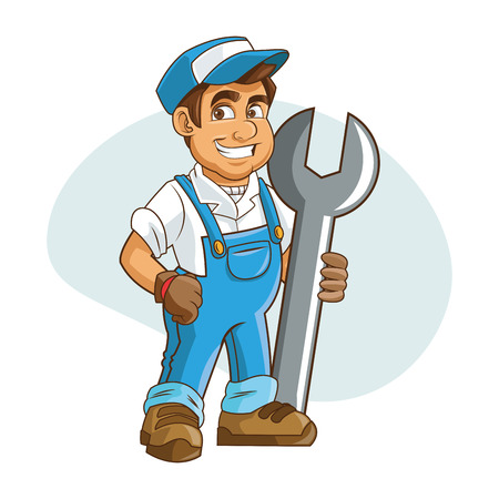 Plumbing service represented by cartoon man with work cloth over isolated and flat backgroundのイラスト素材