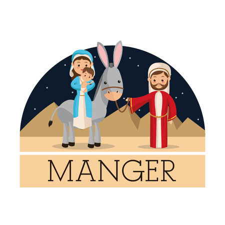 Manger represented by Holy family icon over isolated and flat background. Merry Christmas design.のイラスト素材