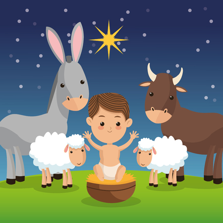 Manger represented by baby jesus with farm animals icon over night background. Merry Christmas design.のイラスト素材