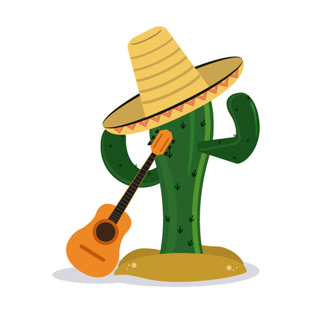Mexico culture represented by cactus with hat and guitar  icon. Colorfull and flat backgroundのイラスト素材