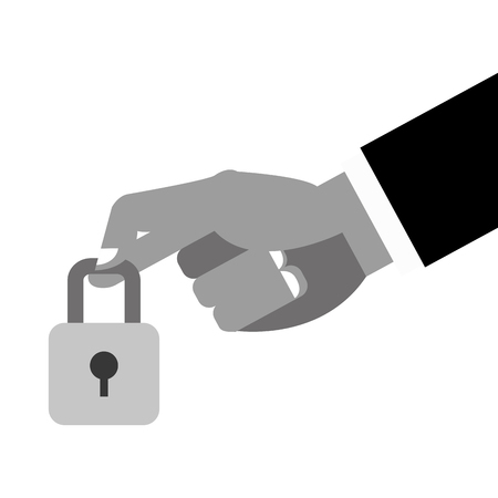 black and grey simple flat design hand holding closed padlock with keyhole icon vector illustrationのイラスト素材