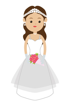 flat design of caucasian bride with tiara and bouquet icon vector illustrationのイラスト素材