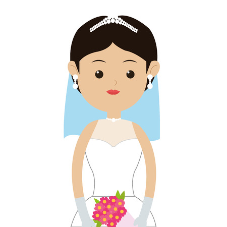 flat design portrait of caucasian bride wearing tiara with veil and bouquet icon vector illustrationのイラスト素材