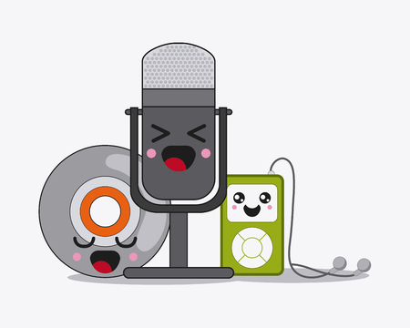technology concept represented by microphone, cd, and mp3 cartoon icon. Colorfull and flat illustrationのイラスト素材