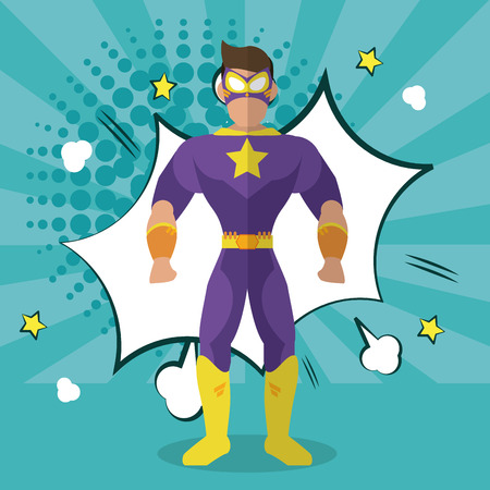 Superhero concept represented by male cartoon with disguise. Colorfull and flat illustration. Blue with explosion bubble backgroundのイラスト素材