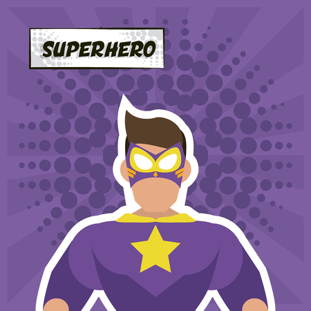 Superhero concept represented by male cartoon with disguise. Colorfull and flat illustration. Purple backgroundのイラスト素材