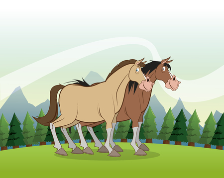 Animal concept represented by horse cartoon over landscape background. Colorfull Illustrationのイラスト素材