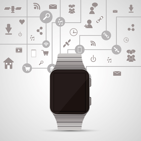 Wearable technology concept represented by watch and media icon set. Colorful and flat illustration. White backgroundのイラスト素材