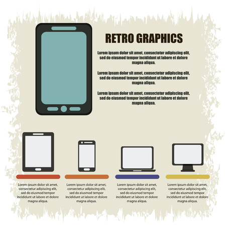 Retro concept represented by infographics with gadgets icons over grunge Background. Colorful and flat illustrationのイラスト素材