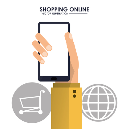 Shopping online concept represented by smartphone, global and shopping cart icon. Colorfull and flat illustration.のイラスト素材