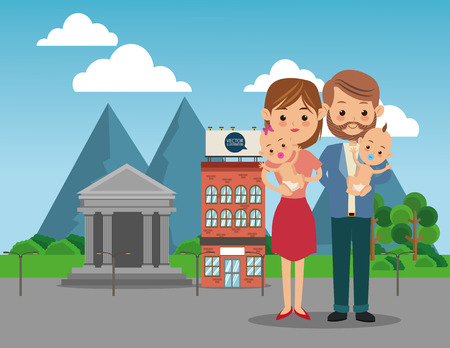 Family cartoon concept represented by parents with baby  icon over city landscape.  Colorfull illustrationのイラスト素材