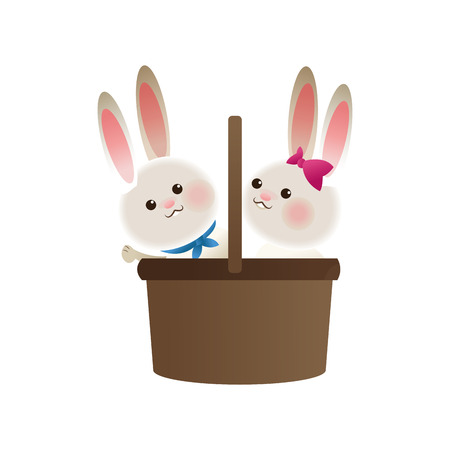 flat design basket with cartoon rabbits icon vector illustrationのイラスト素材