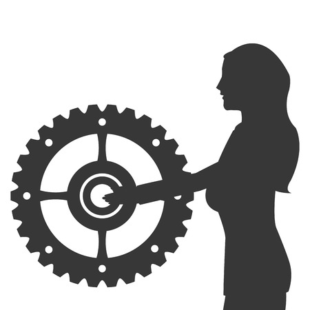 flat design business woman holding gear icon vector illustrationのイラスト素材