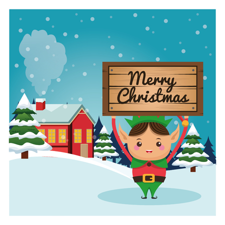 Merry Christmas concept represented by elf cartoon icon over landscape. Colorfull and classic illustration inside frame.のイラスト素材