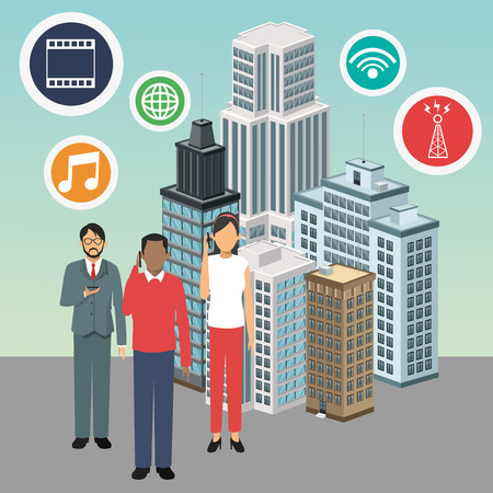 apps avatars building smart city icon. Colorfull and flat illustration. Vector graphicのイラスト素材
