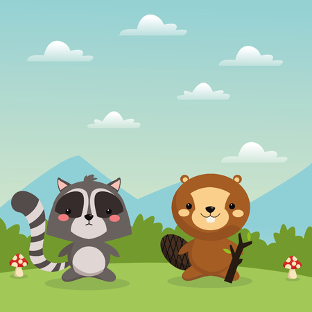 Woodland animal concept represented by cute beaver and raccoon cartoon icon over landscape. Colorfull and flat illustration.のイラスト素材