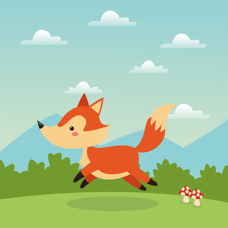 Woodland animal concept represented by cute fox cartoon icon over landscape. Colorfull and flat illustration.のイラスト素材