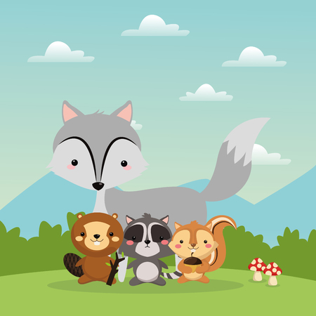 Woodland animal concept represented by cute wolf beaver raccoon squirrel cartoon icon over landscape. Colorfull and flat illustration.のイラスト素材