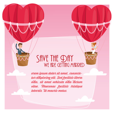 hot air balloon heart couple cartoon girl boy man woman save the date wedding icon. Colorfull and flat illustration. Vector graphicのイラスト素材