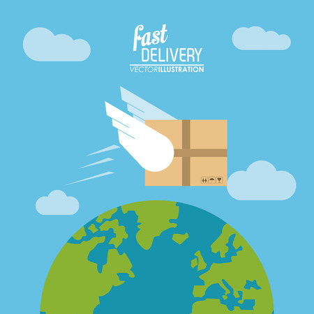 Delivery and Shipping concept represented by package, wings and planet icon. Colorfull and flat illustration.のイラスト素材