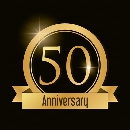 Celebrating Anniversary concept represented by 50 year number icon with ribbon. Gold and flat illustration.のイラスト素材