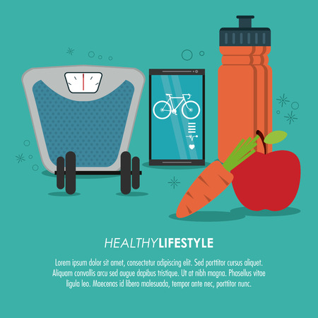 Healthy lifestyle concept represented by smartphone weight bottle carrot apple icon. Colorfull and flat illustration.のイラスト素材