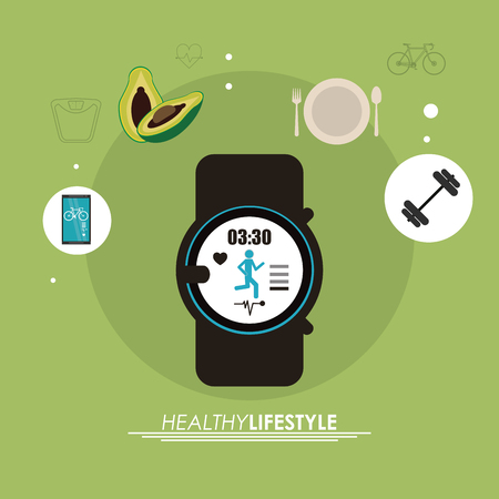 Healthy lifestyle concept represented by watch weight smartphone and avocado icon. Colorfull and flat illustration.のイラスト素材