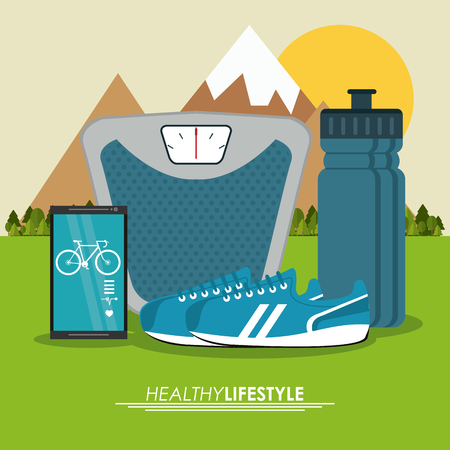 Healthy lifestyle concept represented by weight bottle smartphone shoes icon. Colorfull and flat illustration.のイラスト素材