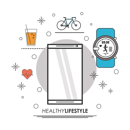 Healthy lifestyle concept represented by smartphone watch juice bike icon. Colorfull and flat illustration.のイラスト素材