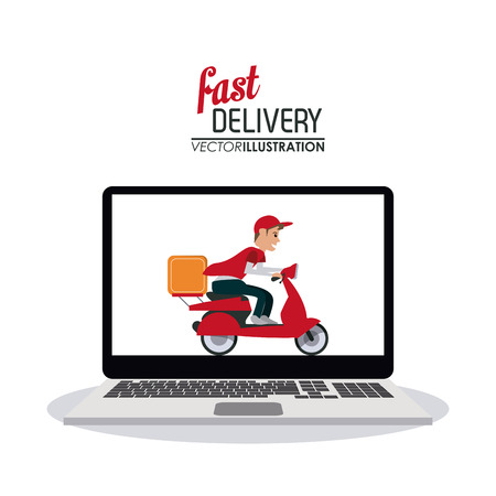 Fast Delivery and Shipping concept represented by motorcycle laptop icon. Colorfull and flat illustration.のイラスト素材