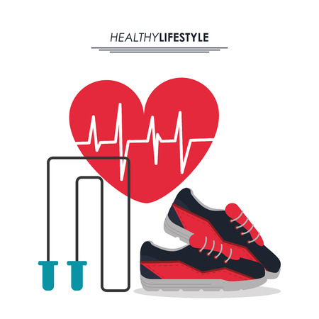 Healthy lifestyle and Fitness concept represented by shoes rope and heart pulse icon. Colorfull and flat illustration.のイラスト素材