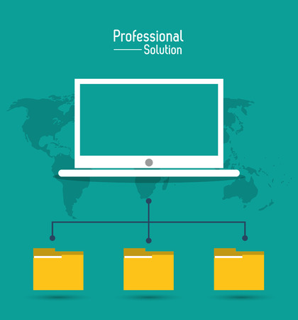 Professional solution concept represented by laptop file icon over map. Colorfull and flat illustration.のイラスト素材
