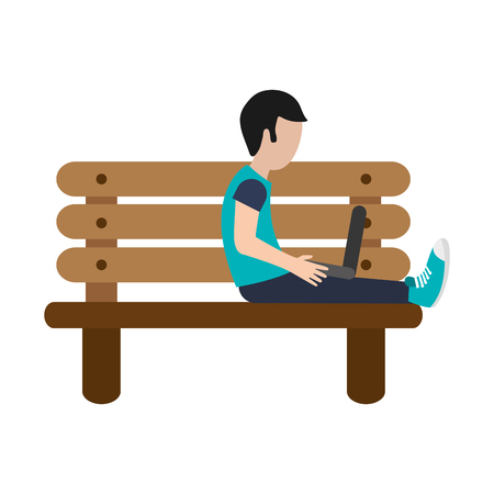 flat design man using laptop on bench icon vector illustrationのイラスト素材