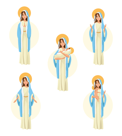 Holy mary woman girl baby jesus cartoon religion saint icon. Pastel colored and isolated illustration. Vector graphicのイラスト素材