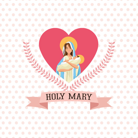 Holy mary woman girl baby jesus cartoon religion saint icon. Pastel colored heart shape with ribbon illustration. Vector graphicのイラスト素材